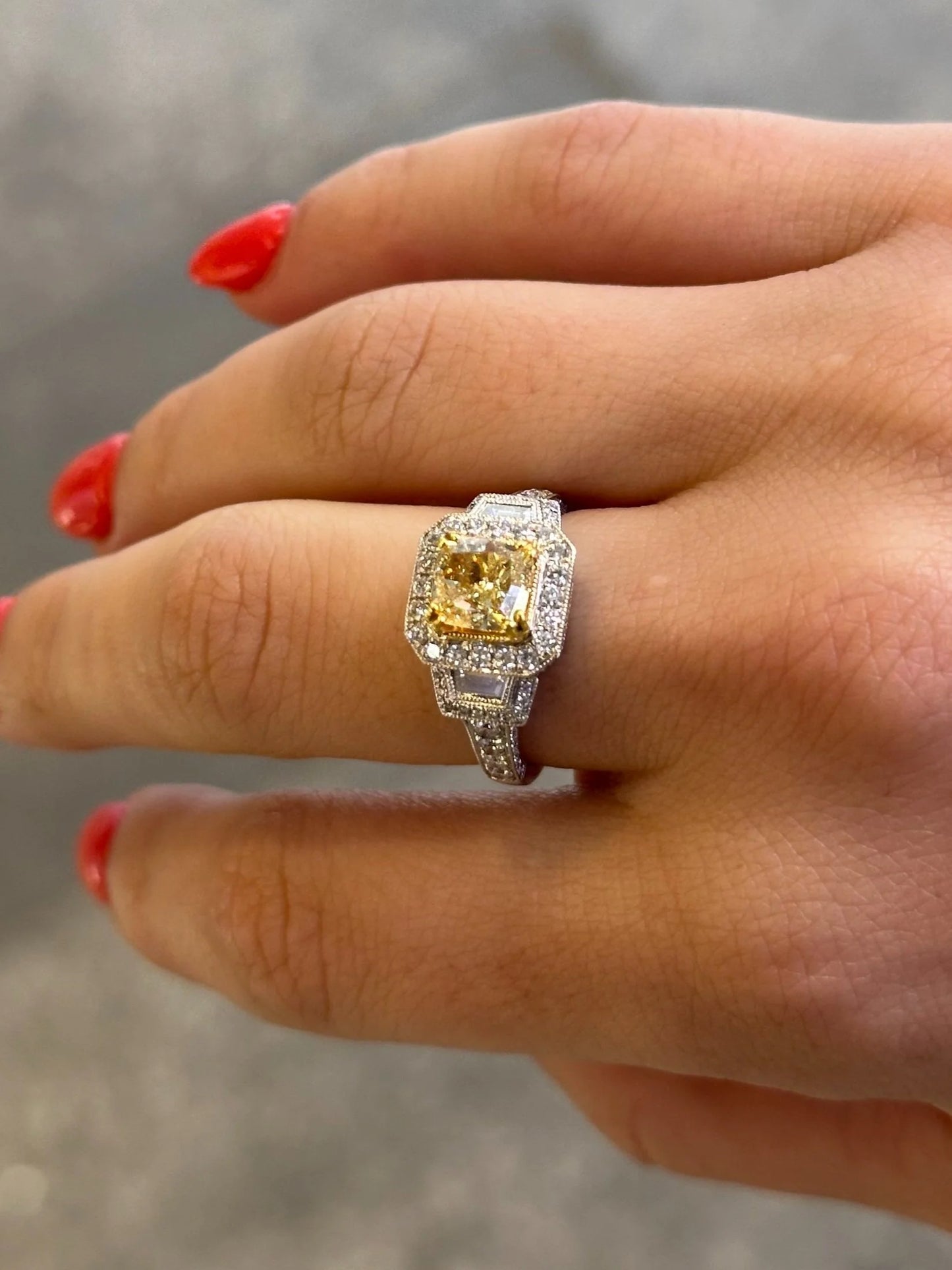 Ladies Center Yellow Diamond Antique Style Engagement Ring