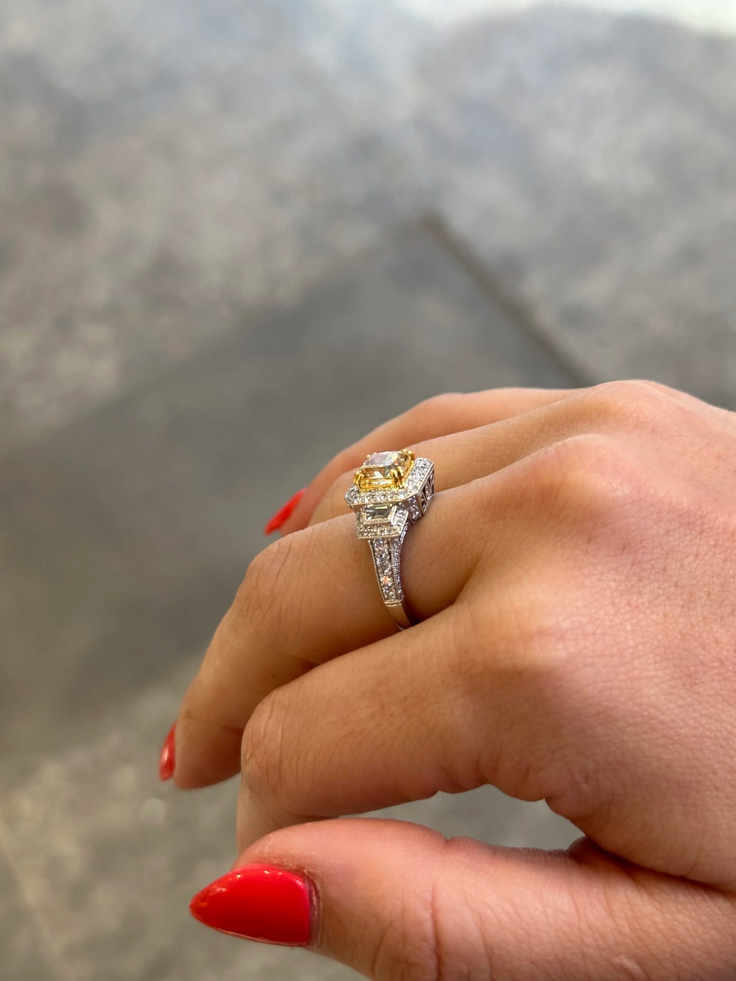 Ladies Center Yellow Diamond Antique Style Engagement Ring