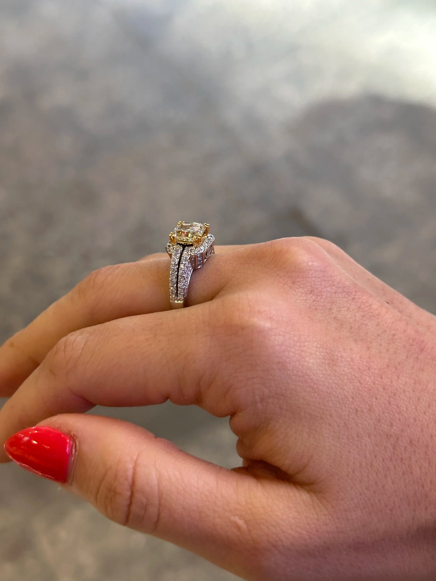 Ladies Fancy Yellow Center Diamond with Split Shank Engagement Ring