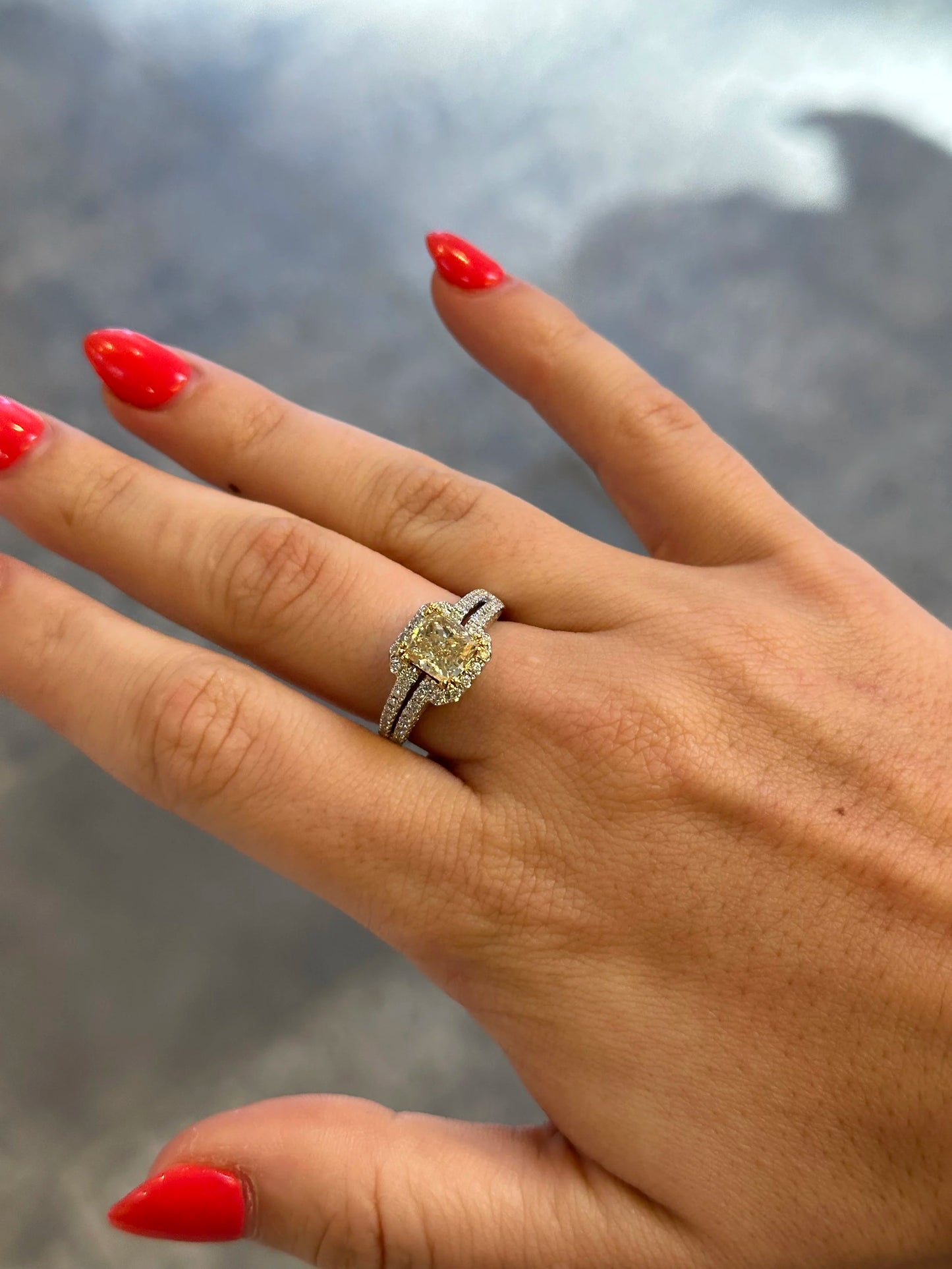 Ladies Fancy Yellow Center Diamond with Split Shank Engagement Ring