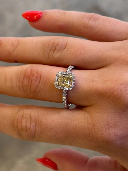 Ladies Yellow Radiant Cut Halo Engagement Ring