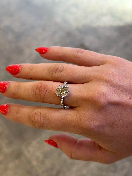 Ladies Yellow Radiant Cut Halo Engagement Ring