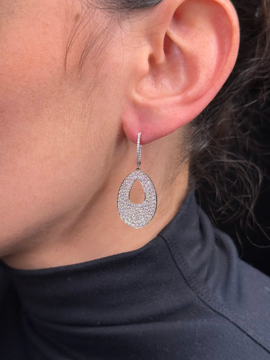 Ladies Pave Set Oval with a Pear Space Diamond Earrings