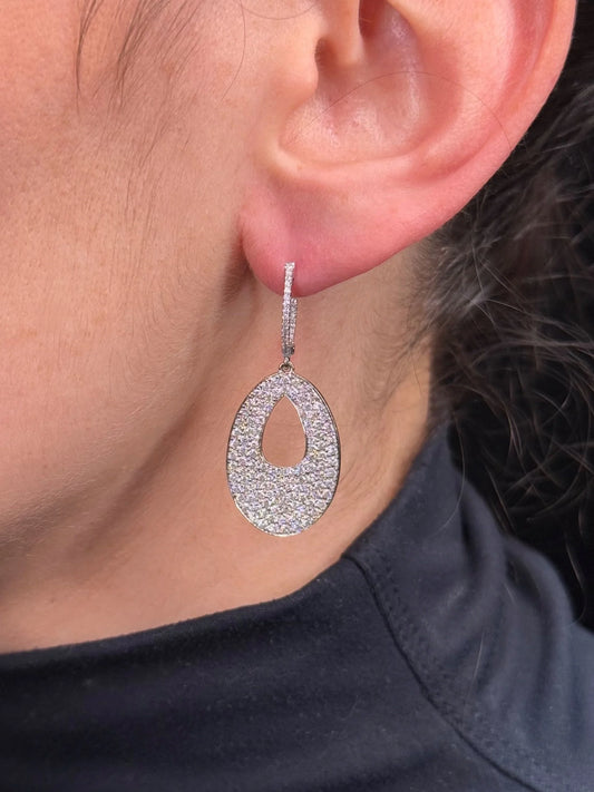 Ladies Pave Set Oval with a Pear Space Diamond Earrings