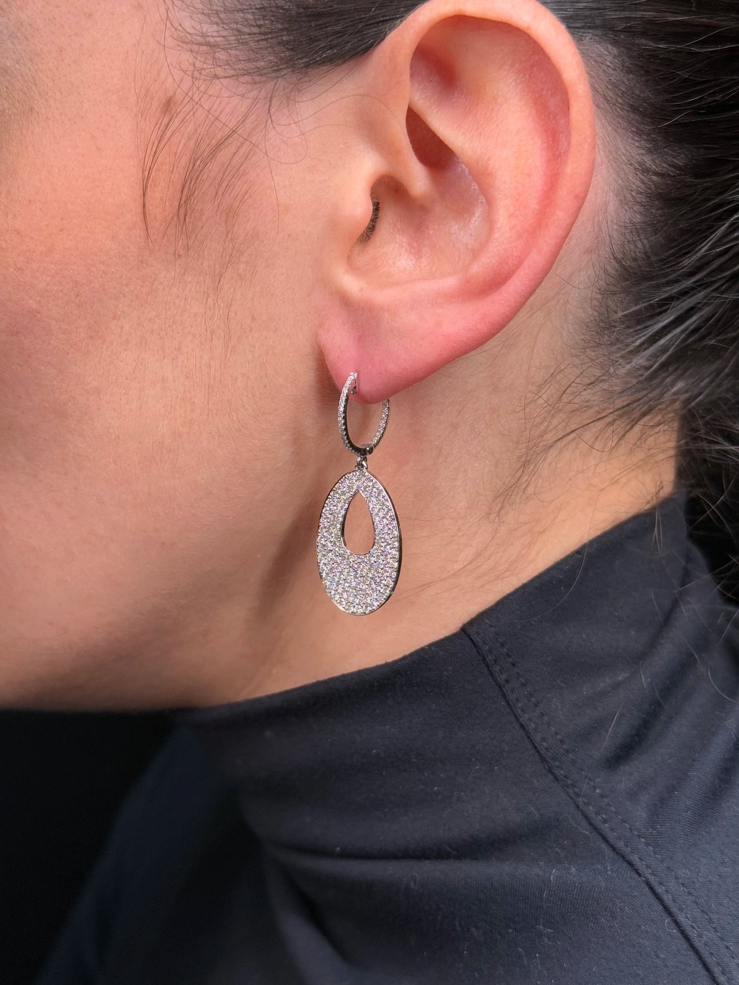 Ladies Pave Set Oval with a Pear Space Diamond Earrings