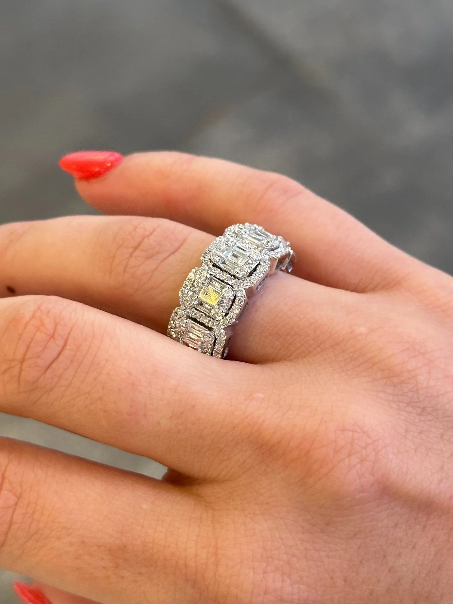 Ladies Five Emerald Shaped Cluster Ring with Halo