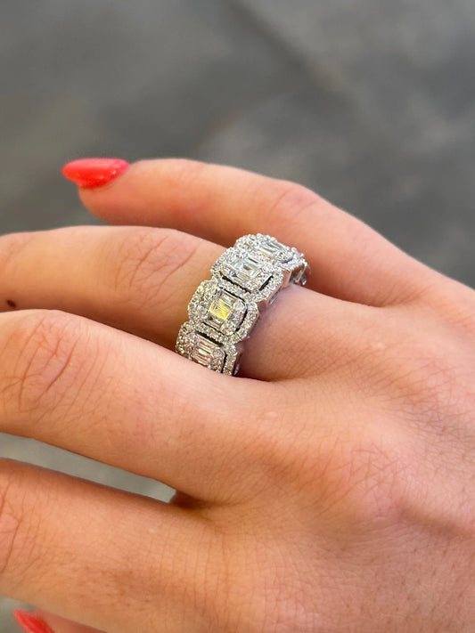 Ladies Five Emerald Shaped Cluster Ring with Halo