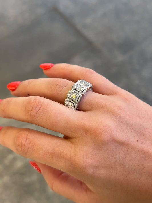 Ladies Five Emerald Shaped Cluster Ring with Halo