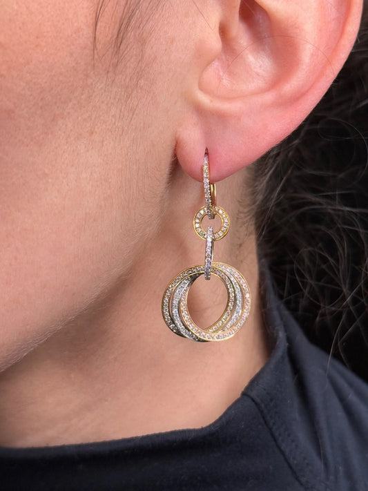 Ladies Trinity Pave Set White, Yellow, and Rose Gold Diamond Earrings