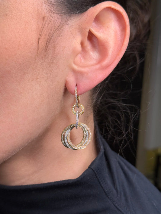 Ladies Trinity Pave Set White, Yellow, and Rose Gold Diamond Earrings