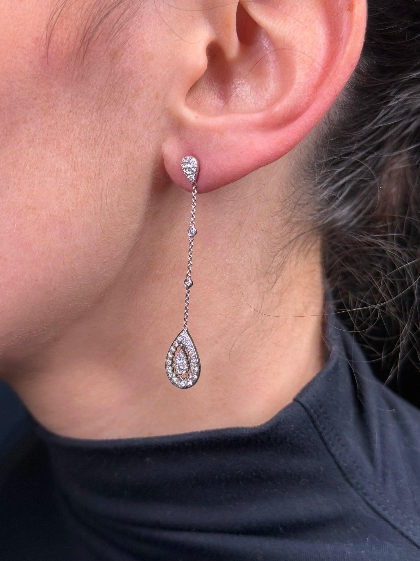 Ladies Bezel Chain Dangle Spaced Out Pave Set Pear Cluster Earrings