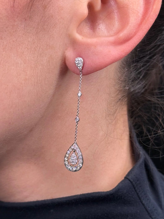 Ladies Bezel Chain Dangle Spaced Out Pave Set Pear Cluster Earrings