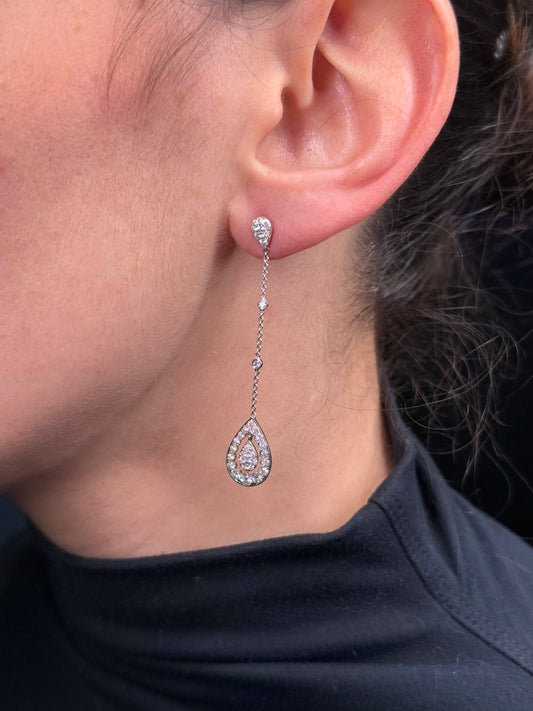 Ladies Bezel Chain Dangle Spaced Out Pave Set Pear Cluster Earrings