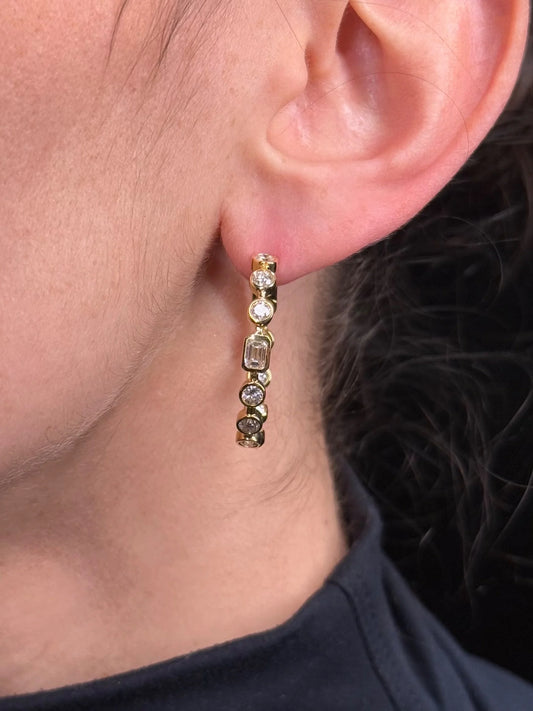 Ladies Bezel Set Round and Emerald Diamond Hoops