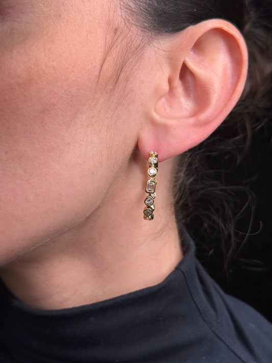 Ladies Bezel Set Round and Emerald Diamond Hoops