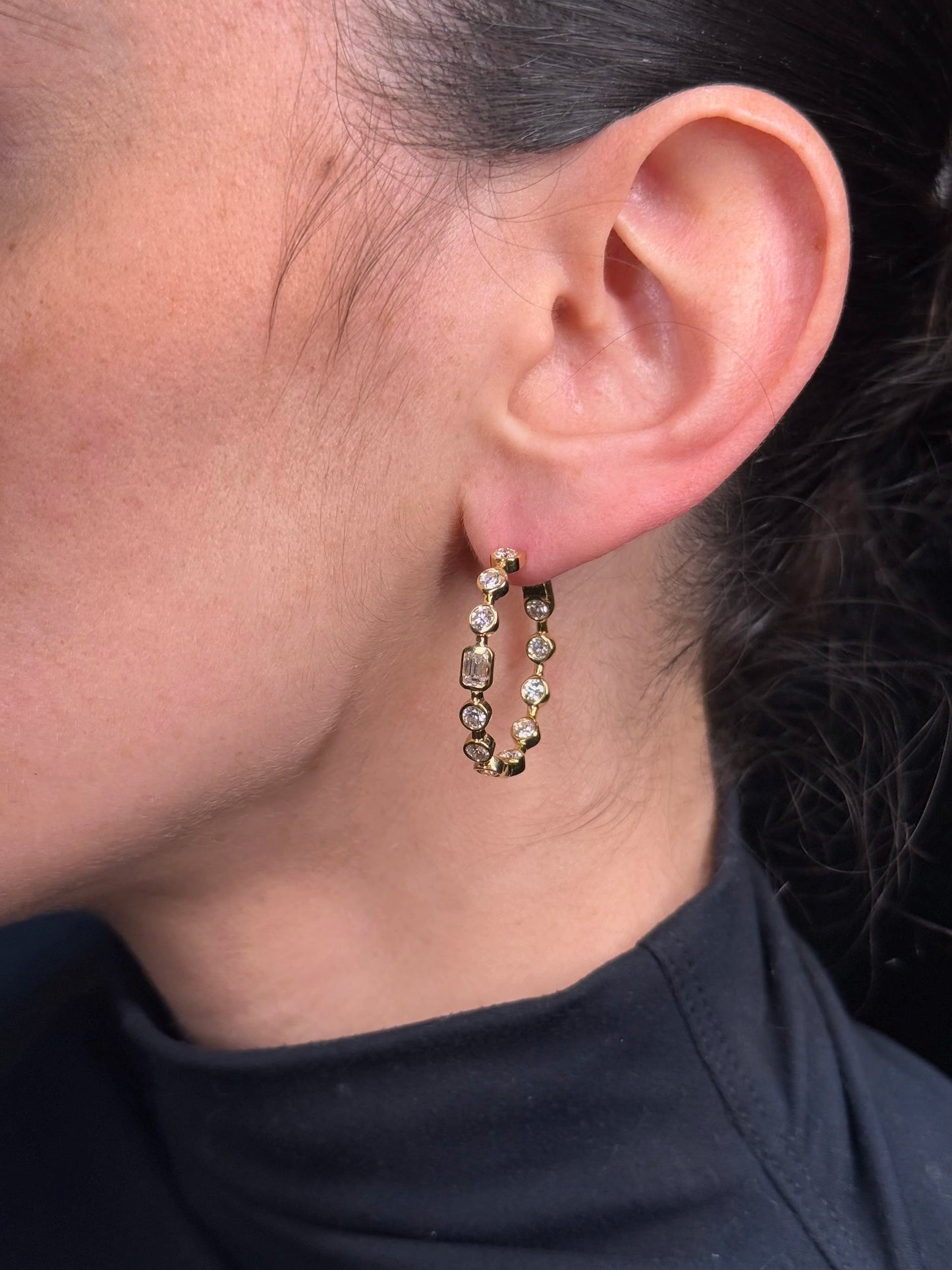 Ladies Bezel Set Round and Emerald Diamond Hoops