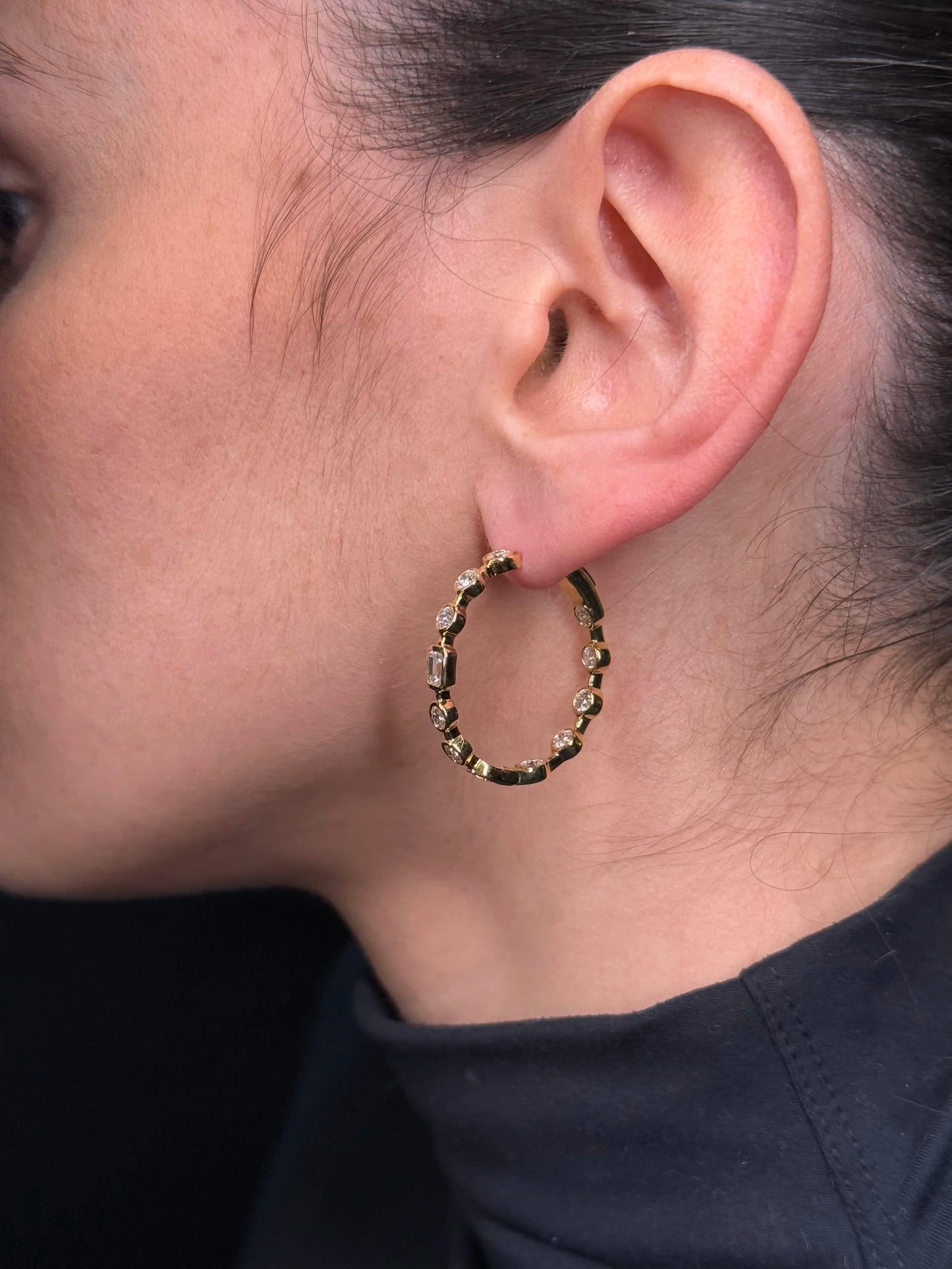 Ladies Bezel Set Round and Emerald Diamond Hoops