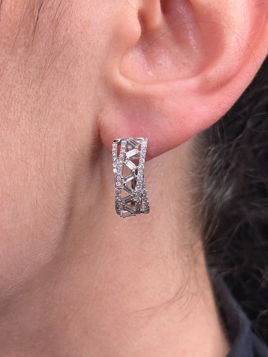 Ladies Overlapping Round and Baguette Diamond Huggie