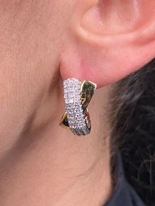 Ladies Two Tone Overlapping Diamond and Gold Huggie