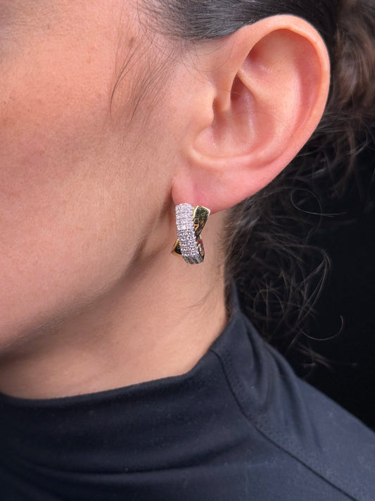 Ladies Two Tone Overlapping Diamond and Gold Huggie