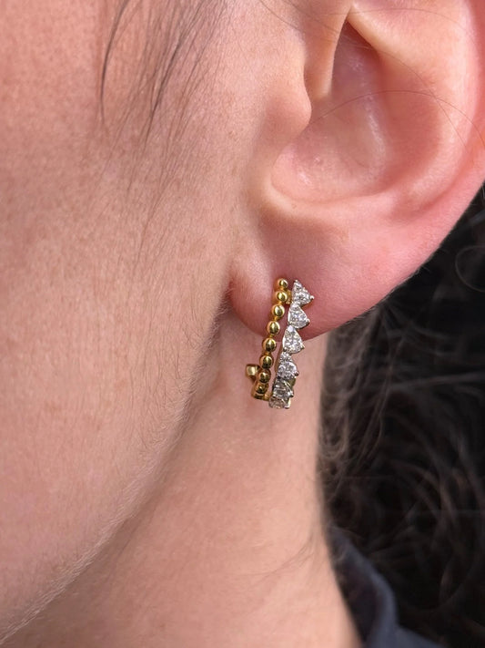 Ladies Half Diamond Half Gold Ball Huggie