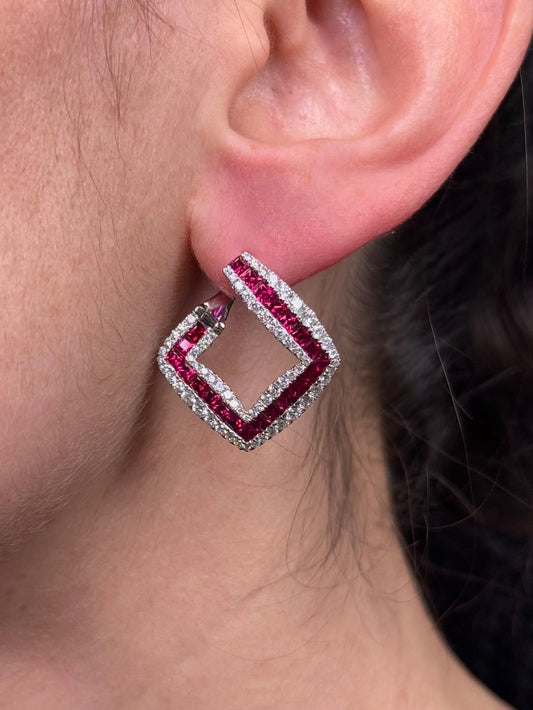 Ladies Diamond Shape Ruby and Diamond Earrings