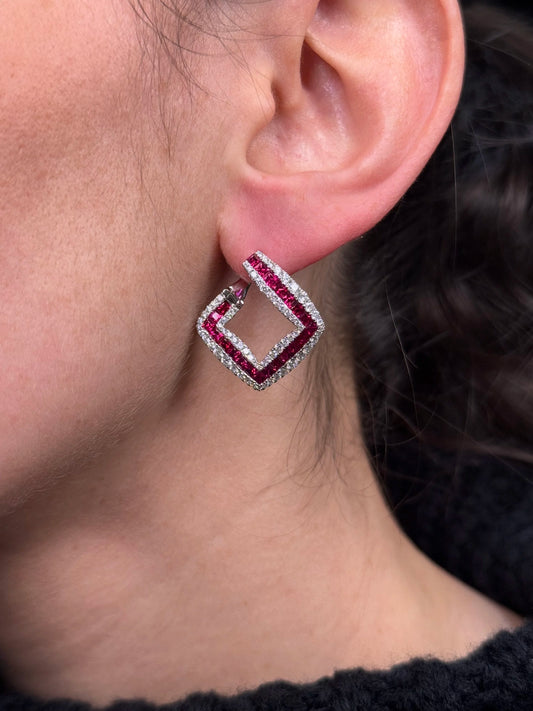 Ladies Diamond Shape Ruby and Diamond Earrings