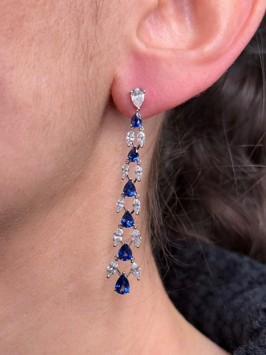 Ladies Dangle Pear and Marquise Sapphire and Diamond Earrings