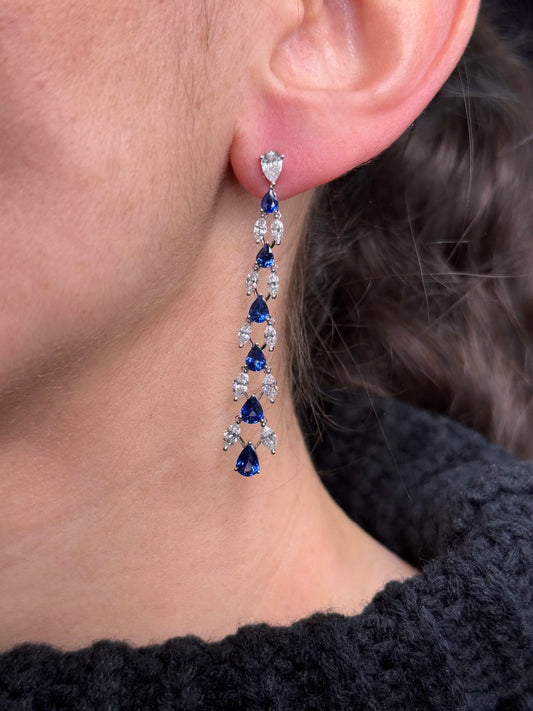 Ladies Dangle Pear and Marquise Sapphire and Diamond Earrings