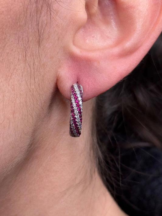 Ladies Swirl Ruby and Round Diamond Huggie