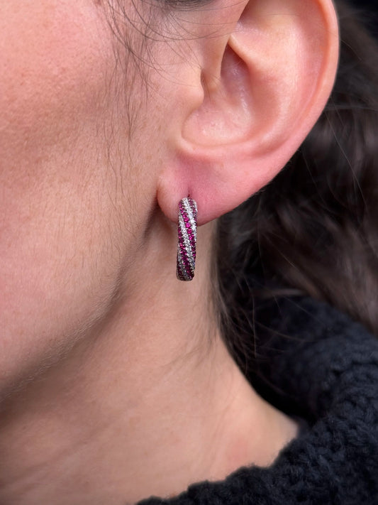 Ladies Swirl Ruby and Round Diamond Huggie