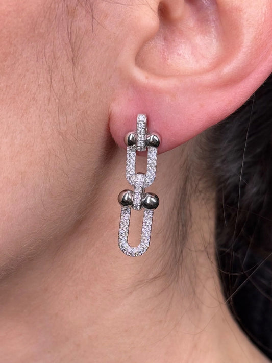 Ladies Pave Set Paperclip and Ball Earrings