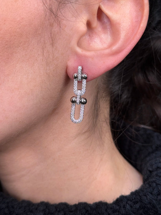 Ladies Pave Set Paperclip and Ball Earrings