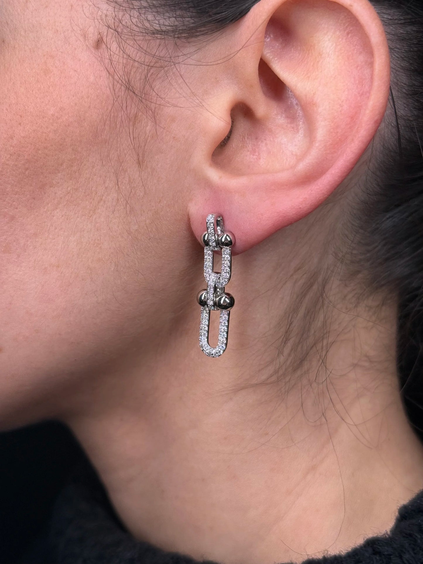 Ladies Pave Set Paperclip and Ball Earrings