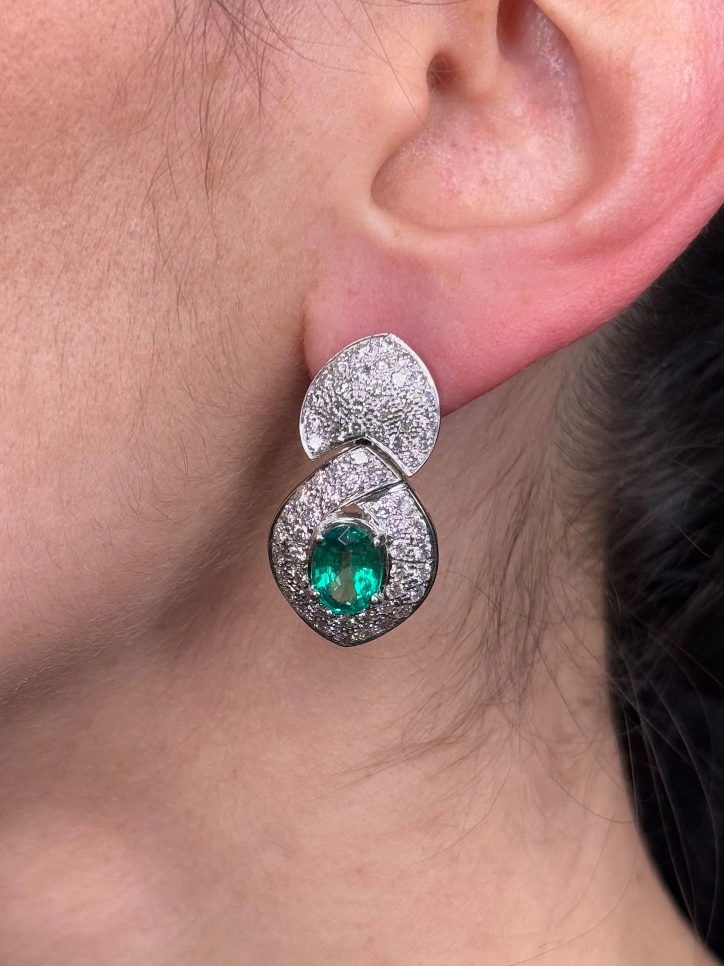 Ladies Pave Set Oval Emerald and Diamond Earrings