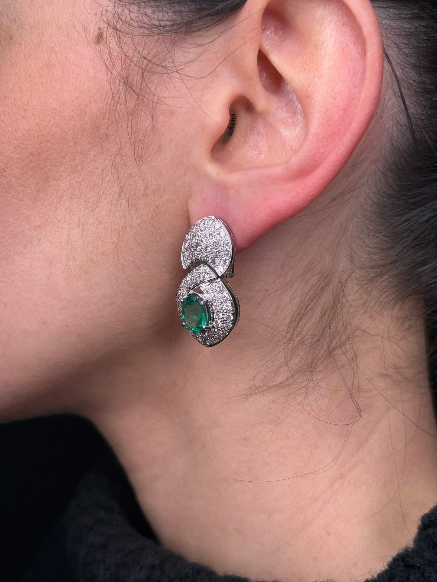 Ladies Pave Set Oval Emerald and Diamond Earrings