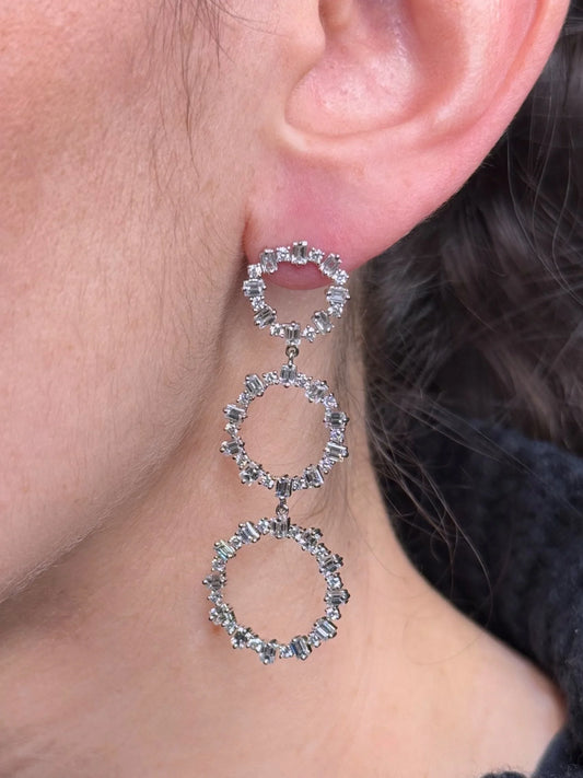 Ladies Circle Shape Round and Baguette Diamond Earrings