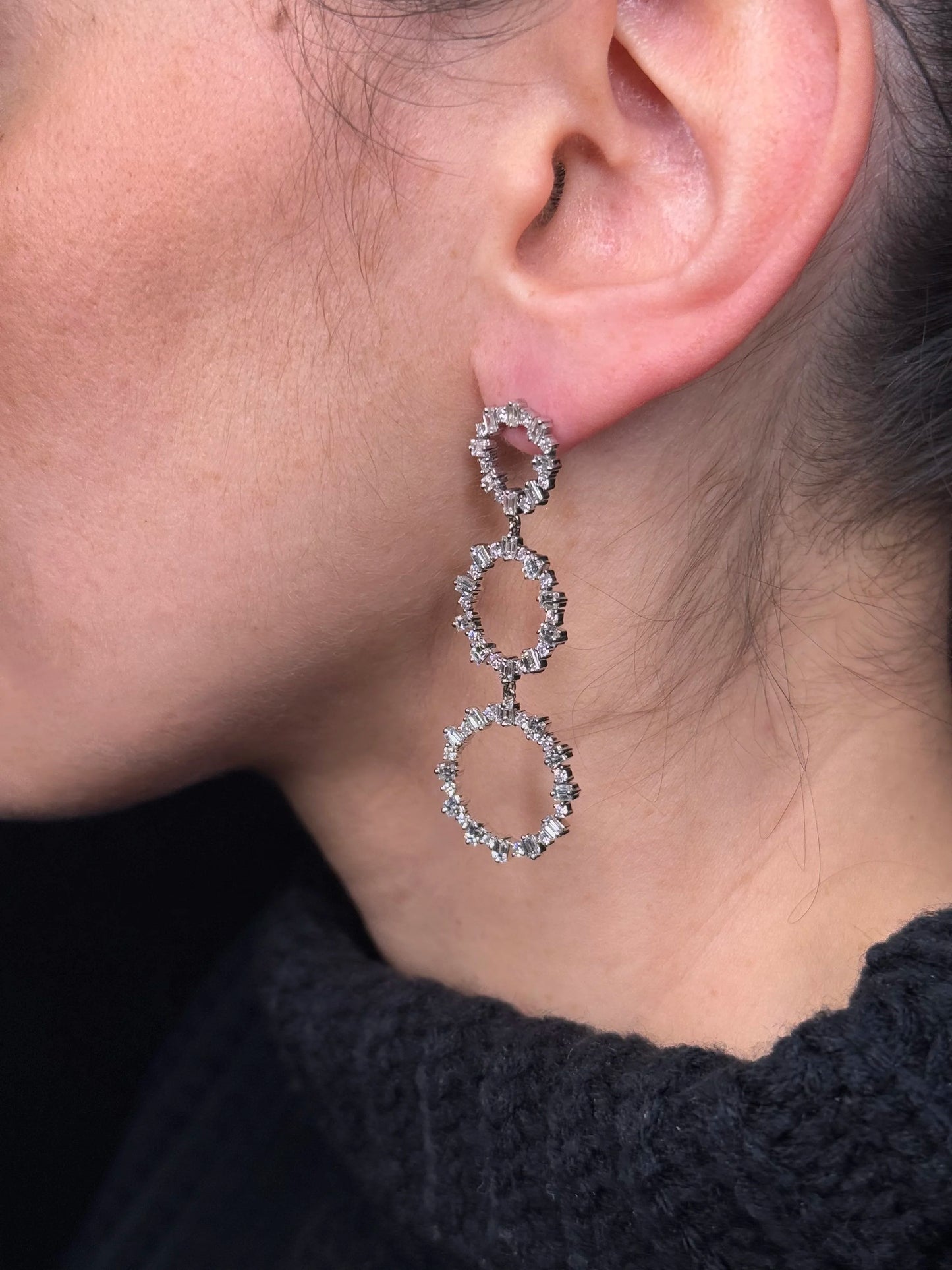 Ladies Circle Shape Round and Baguette Diamond Earrings