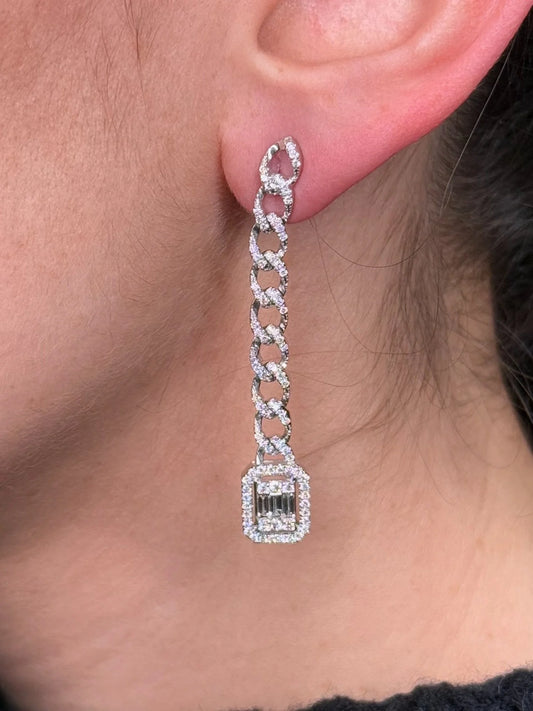 Ladies Link and Emerald Shaped Cluster Dangling Earrings