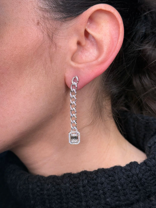 Ladies Link and Emerald Shaped Cluster Dangling Earrings