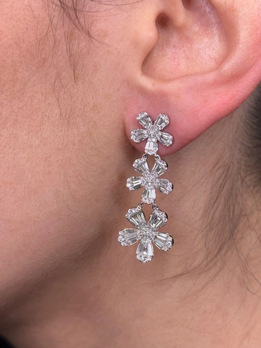 Ladies Ascending Round and Baguette Diamond Flower Earrings