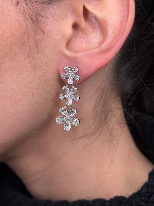 Ladies Ascending Round and Baguette Diamond Flower Earrings