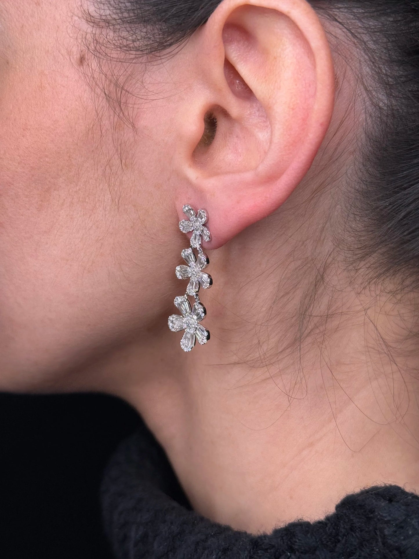 Ladies Ascending Round and Baguette Diamond Flower Earrings