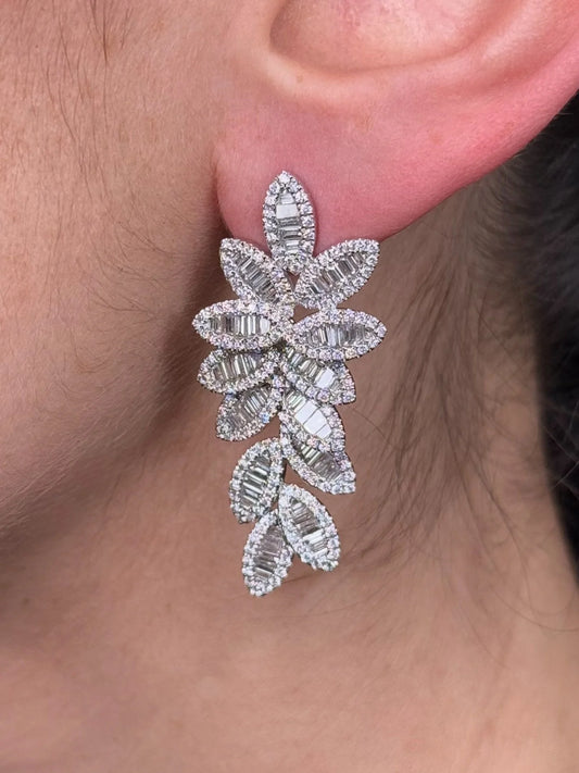 Ladies Baguette and Round Diamond Leaves Earrings