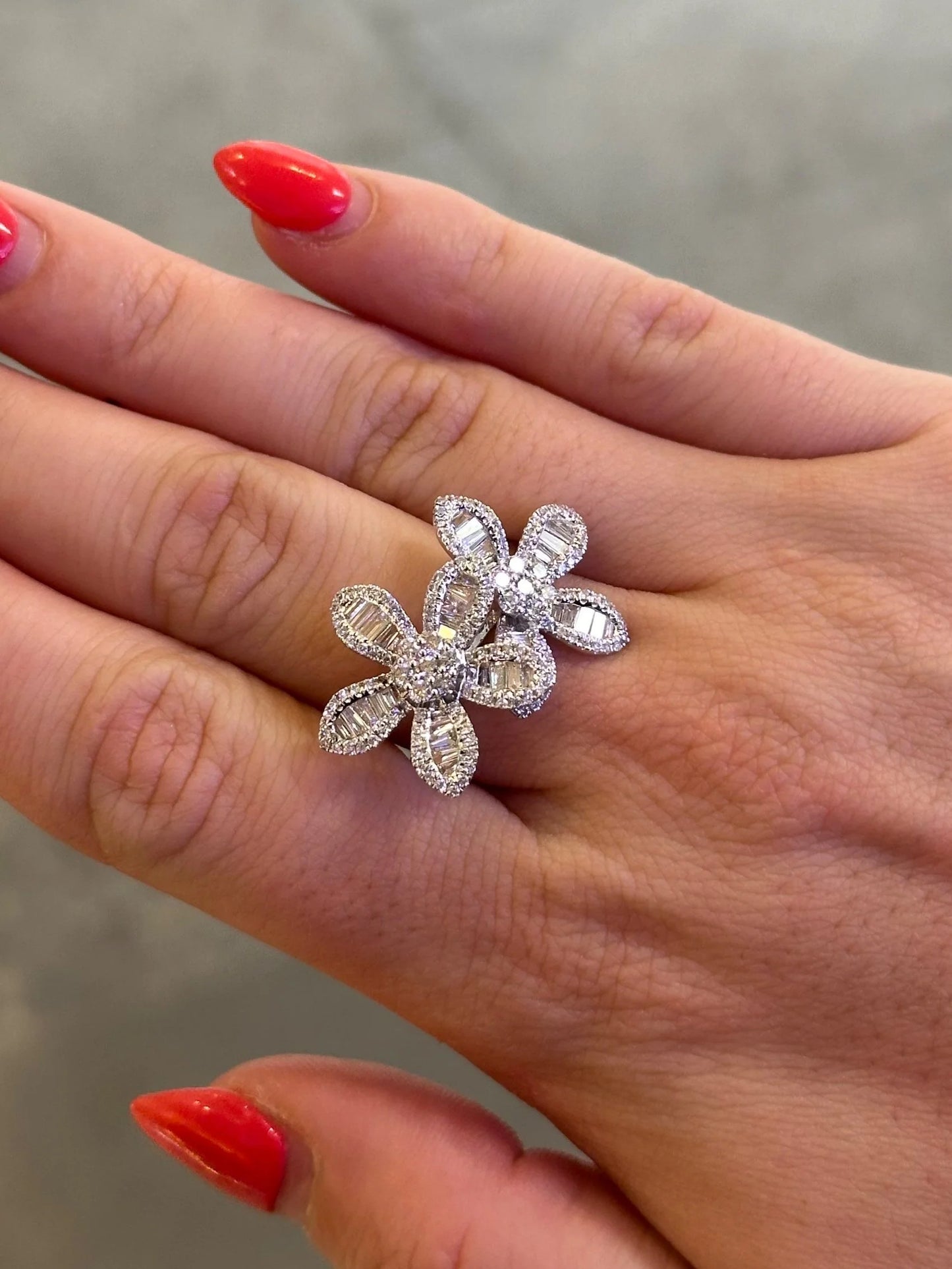 Ladies Two Flower Baguette and Round Diamond Ring