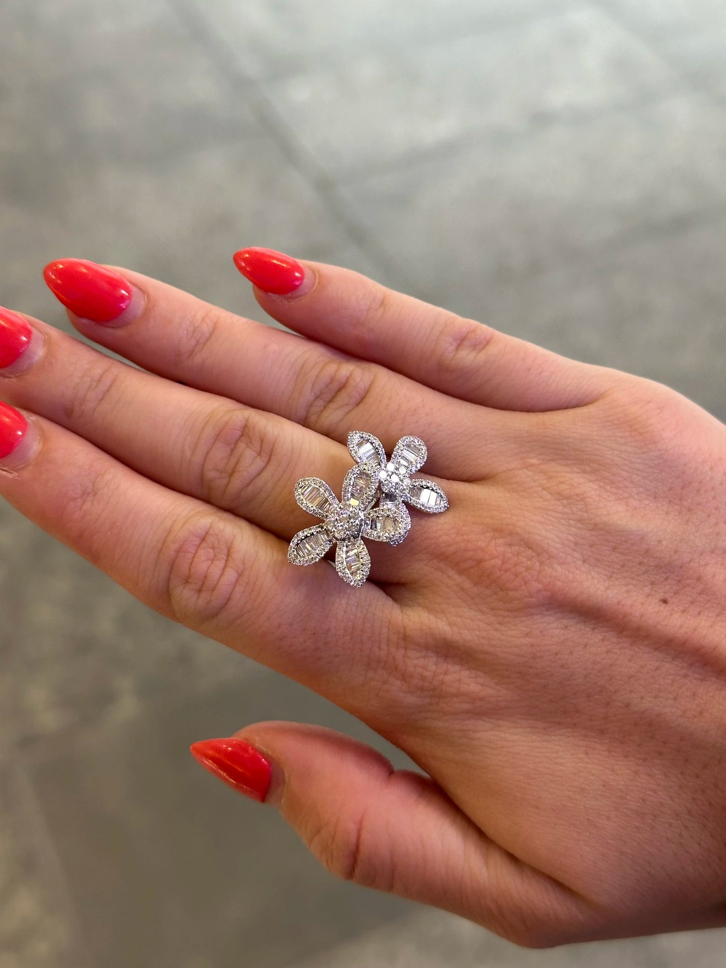 Ladies Two Flower Baguette and Round Diamond Ring