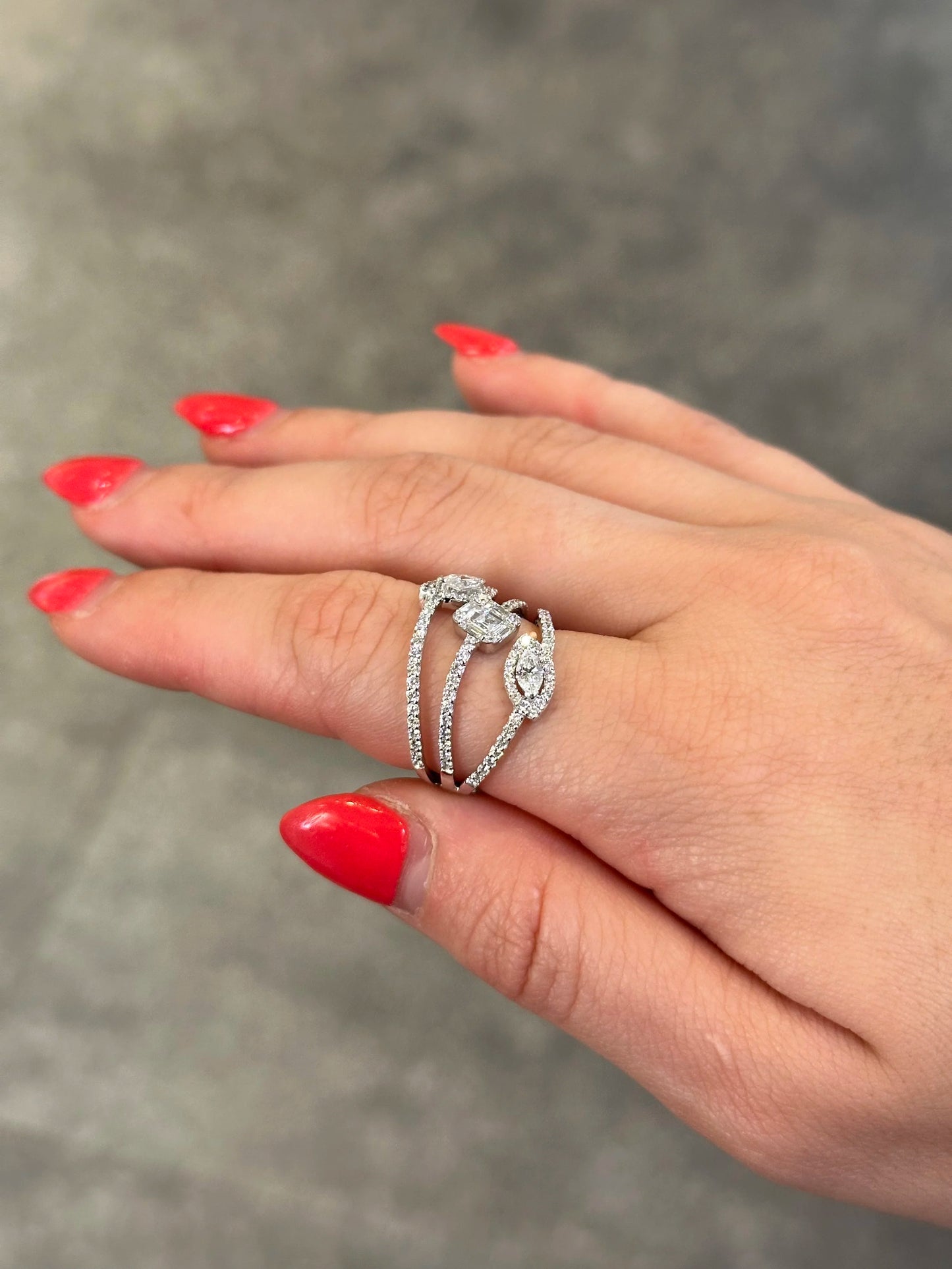 Ladies Three Row Marquise and Baguette Diamond Ring