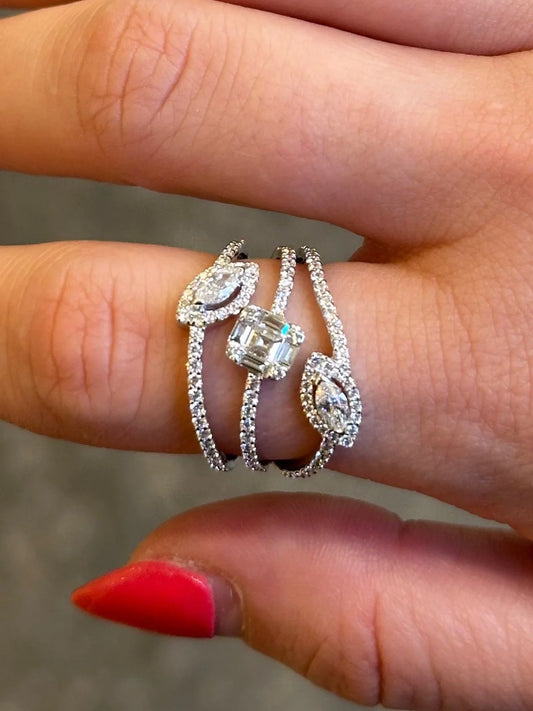 Ladies Three Row Marquise and Baguette Diamond Ring