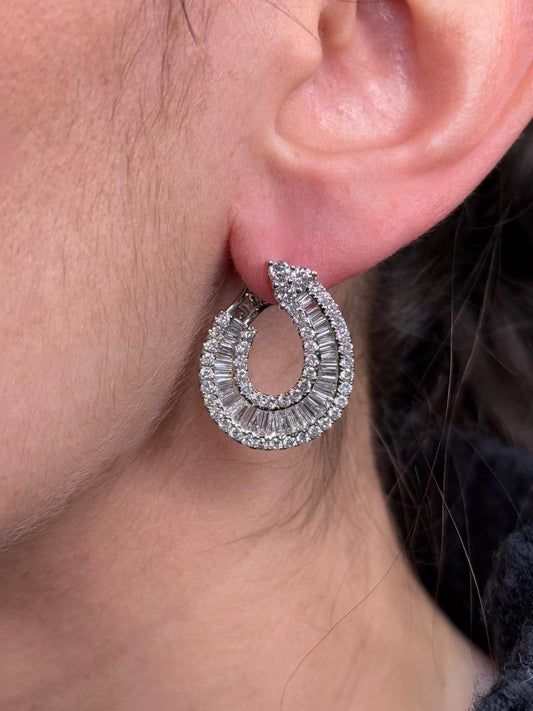 Ladies Thick Frontal Baguette and Round Diamond Earrings