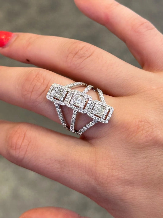 Ladies Three Emerald Shaped Cluster Ring